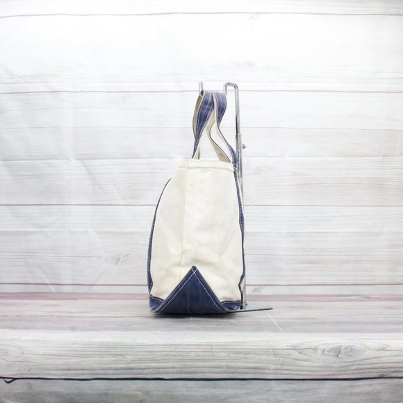 LL BEAN Boat & Tote Cream Canvas Blue Trim JMS & IBS Zip Top Purse Tote Handbag - Picture 4 of 9